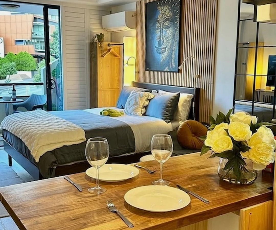 Characterful hotel room with kitchen bench