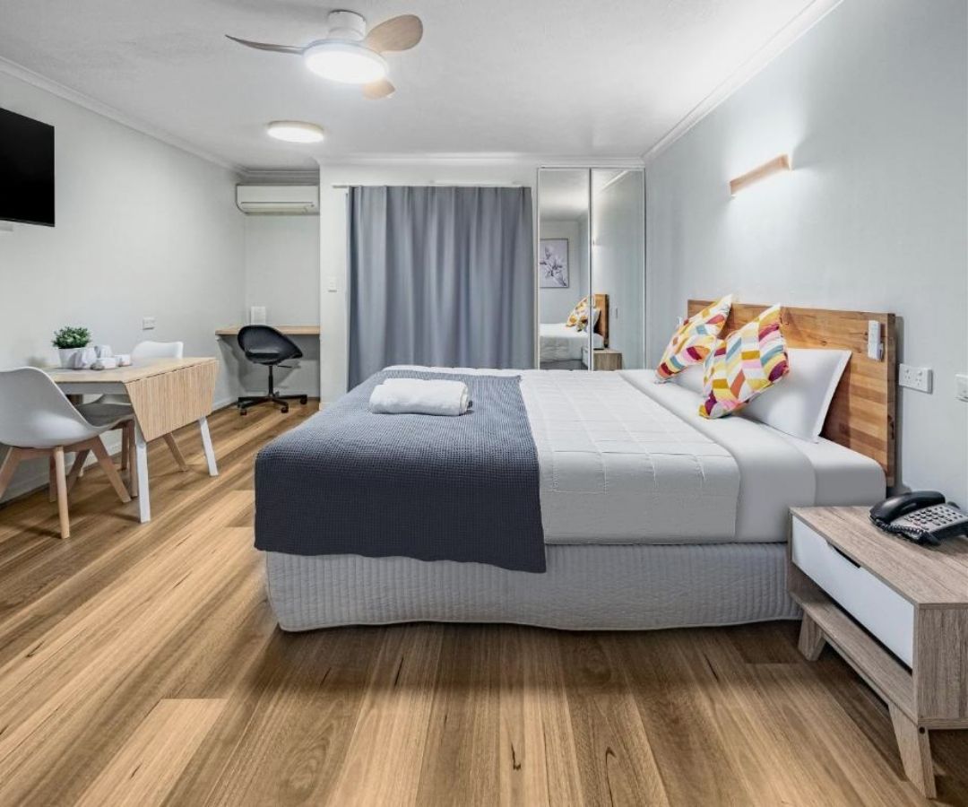 Hotel room with desk and table