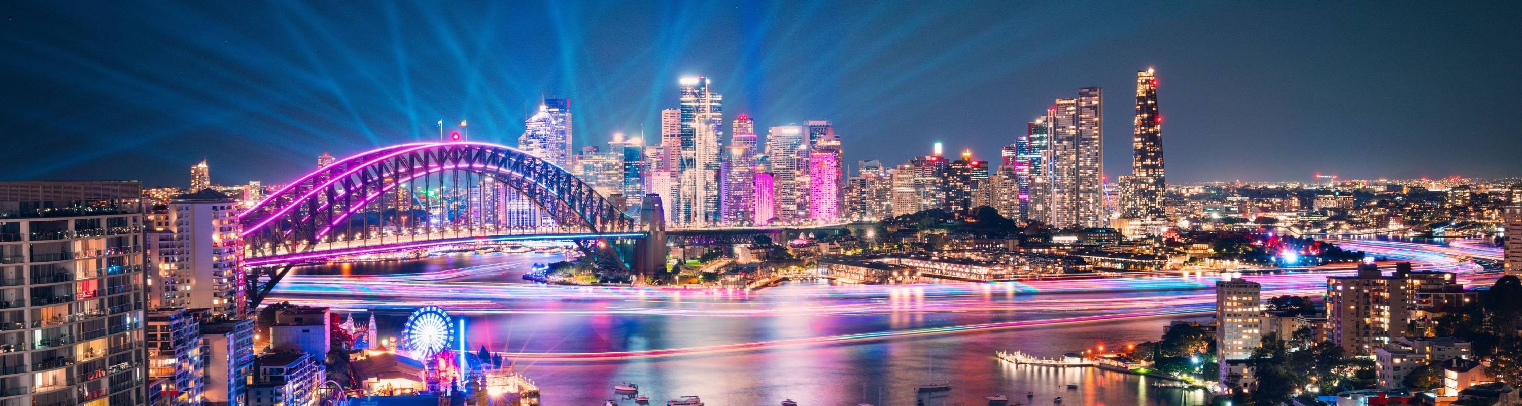 Sydney at night harbour bridge decorated with lights