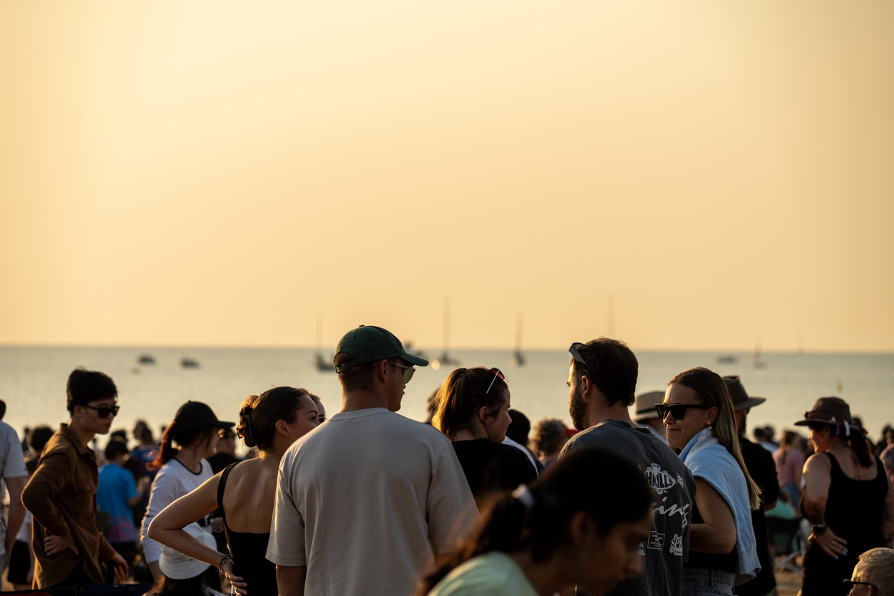 Crowds watching the Pitch Black Exercise 2024 at Mindil Beach in Darwin stock photo