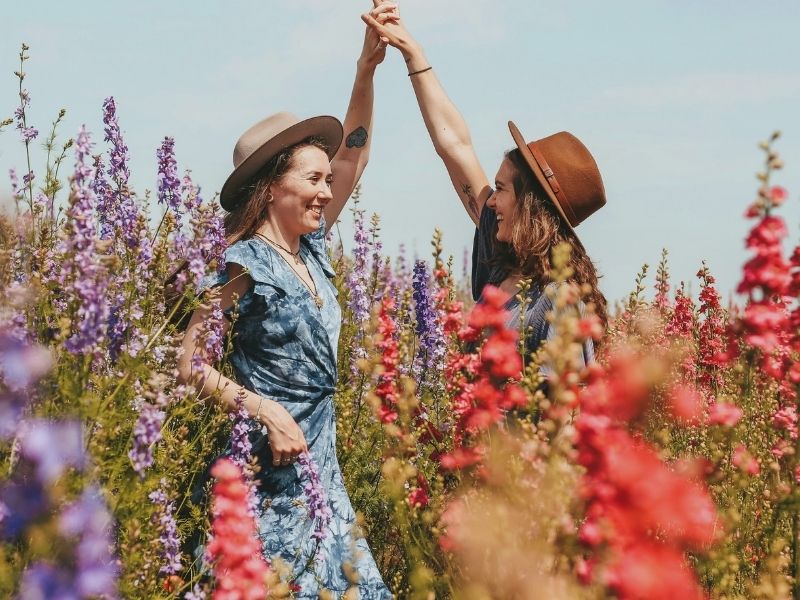 friends in flower field