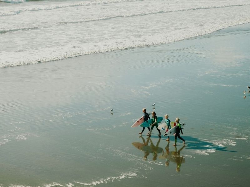 ladies walking on beach with surboards