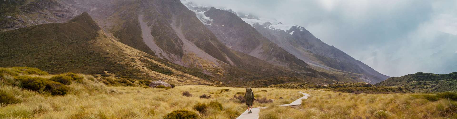 hikers surrounded by snow capped mountains